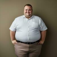 un grasa hombre en un blanco camisa y bronceado pantalones generativo ai foto