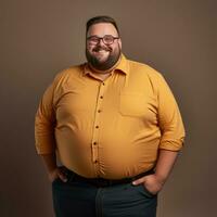 un grasa hombre en un amarillo camisa y lentes en pie en frente de un marrón antecedentes generativo ai foto