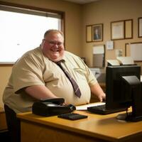 a fat man sitting at a desk generative ai photo