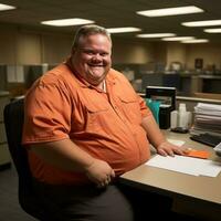 a fat man sitting at a desk in an office generative ai photo