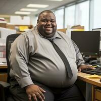 a fat man sitting at a desk generative ai photo