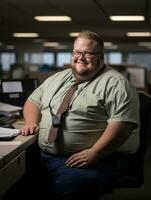 a fat man sitting at a desk in an office generative ai photo