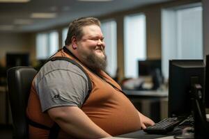 a fat man sitting in front of a computer generative ai photo