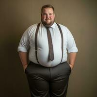 un grasa hombre vistiendo tirantes y un blanco camisa generativo ai foto