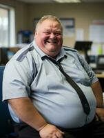 un grasa hombre vistiendo un azul camisa y Corbata sentado en un oficina generativo ai foto
