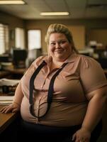 a fat woman sitting at a desk in an office generative ai photo