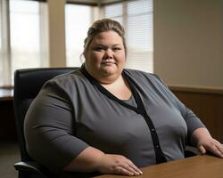 a fat woman sitting at a desk in an office generative ai photo