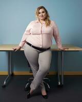 un grasa mujer sentado a un escritorio en frente de un azul pared generativo ai foto