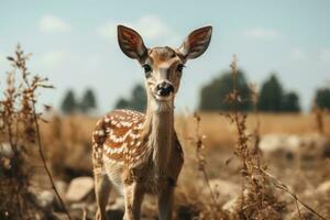 a fawn standing in a field with brown grass generative ai photo