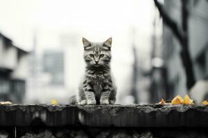 a gray and white cat sitting on the edge of a concrete wall generative ai photo