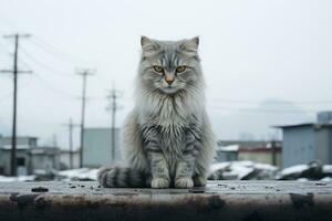 a gray cat sitting on top of a concrete ledge generative ai photo