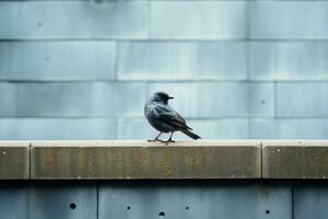 a gray bird standing on a ledge in front of a blue wall generative ai photo