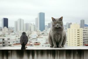 a grey cat and a black bird generative ai photo