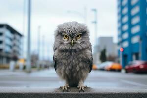 a grey owl with yellow eyes standing on a ledge generative ai photo