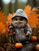 a hedgehog and a doll are standing in front of some pumpkins generative ai photo