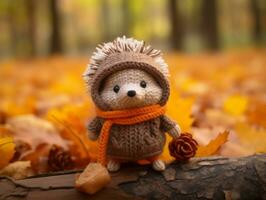 a hedgehog in a knitted sweater is sitting on a log in the autumn leaves generative ai photo