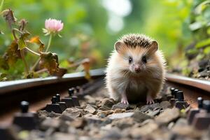 a hedgehog is walking along a train track generative ai photo