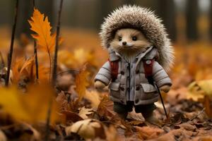 a hedgehog wearing a coat and hat in the woods generative ai photo