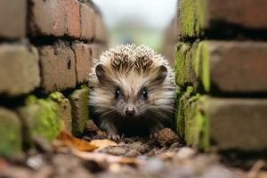 a hedgehog peeking out from behind a brick wall generative ai photo