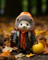 a hedgehog wearing an orange coat and hat sits on the ground next to an orange pumpkin generative ai photo
