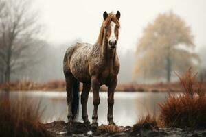 a horse is standing in front of a pond generative ai photo