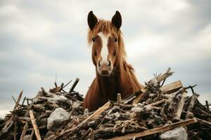 un caballo es sentado en parte superior de un pila de madera generativo ai foto