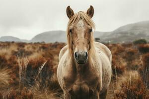 a horse standing in a field with a mountain in the background generative ai photo