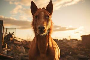 un caballo en pie en frente de un destruido edificio generativo ai foto