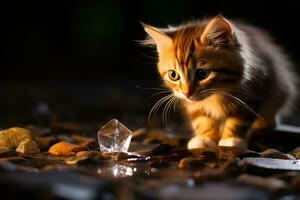 a kitten is looking at a crystal on the ground generative ai photo