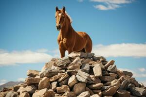 a horse standing on top of a pile of rocks generative ai photo