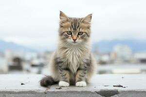 a kitten sitting on a ledge with a city in the background generative ai photo