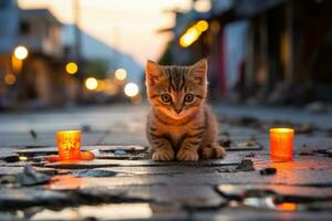 a kitten sitting on the ground next to lit candles generative ai photo