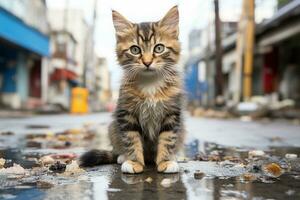 a kitten sitting on the ground in the middle of a city street generative ai photo