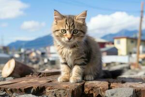 a kitten sitting on top of a log in front of a city generative ai photo