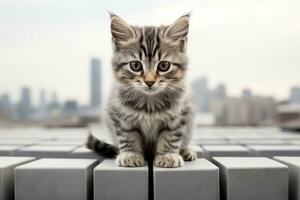 a kitten sitting on top of some blocks in front of a city skyline generative ai photo