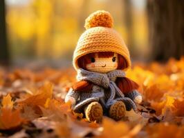 a knitted doll sitting on the ground surrounded by autumn leaves generative ai photo