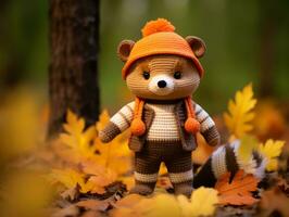 un de punto oso vistiendo un naranja sombrero en el hojas generativo ai foto