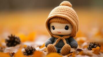 a knitted doll sitting on the ground surrounded by autumn leaves generative ai photo