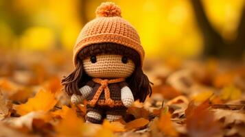a knitted doll sitting on the ground surrounded by fallen leaves generative ai photo