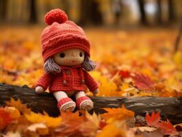 a knitted doll in a red hat sits on a log in autumn leaves generative ai photo