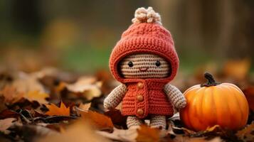 a knitted doll wearing a red hat and holding a pumpkin generative ai photo