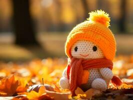 a knitted doll wearing an orange hat sits on the ground surrounded by autumn leaves generative ai photo