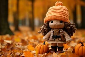 a knitted doll wearing an orange hat and holding pumpkins generative ai photo