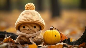 a knitted doll with a pumpkin sitting on the ground generative ai photo