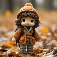 a knitted doll wearing an orange sweater and hat standing in the leaves generative ai photo