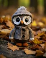 a knitted owl is sitting in the leaves generative ai photo