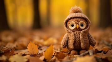 a knitted owl sitting on the ground surrounded by autumn leaves generative ai photo