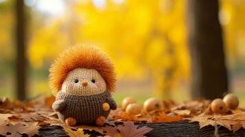 a knitted owl sits on a log surrounded by autumn leaves generative ai photo