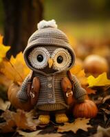 a knitted owl sits on the ground surrounded by autumn leaves generative ai photo