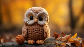 a knitted owl sits on a rock in the fall generative ai photo